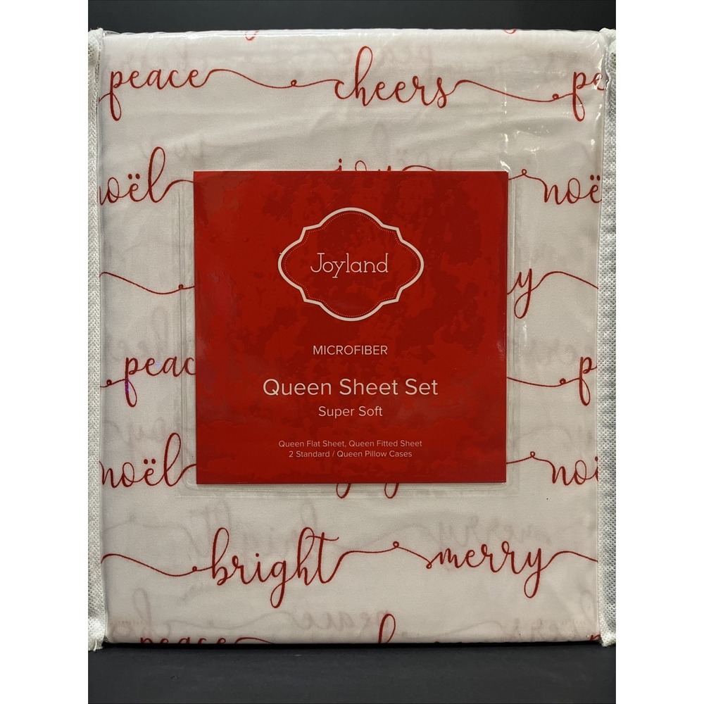 Joyland Microfiber Queen Sheet Set Red Merry Print Christmas Holiday White New!